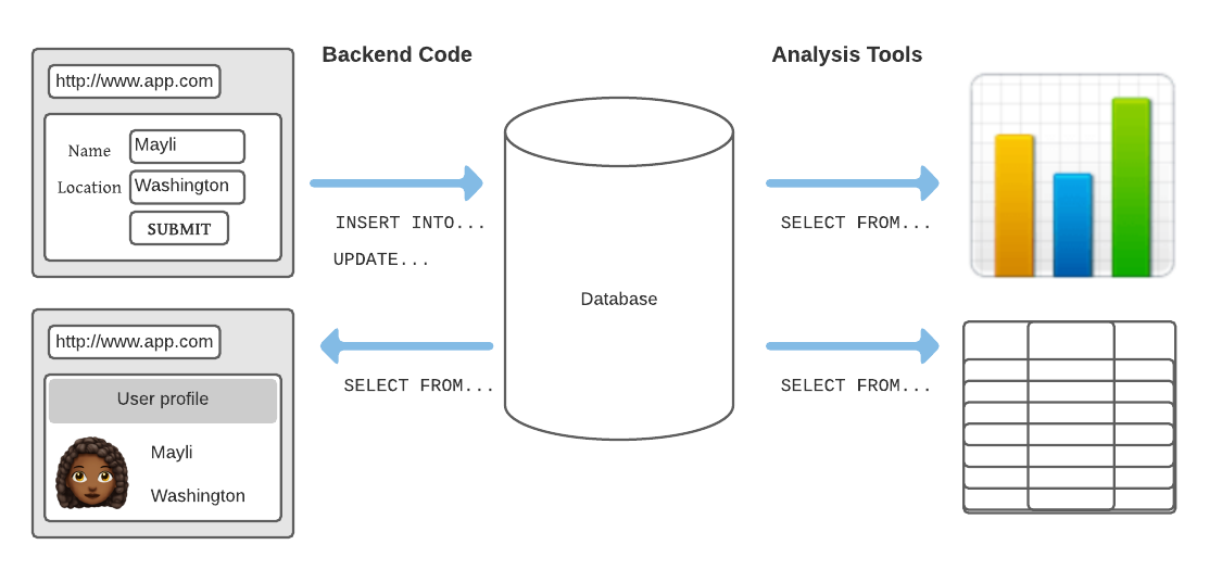 Diagram using SQL to update and query a database storing data for a web application