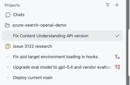 GitHub Copilot App project list showing agent sessions and their current states