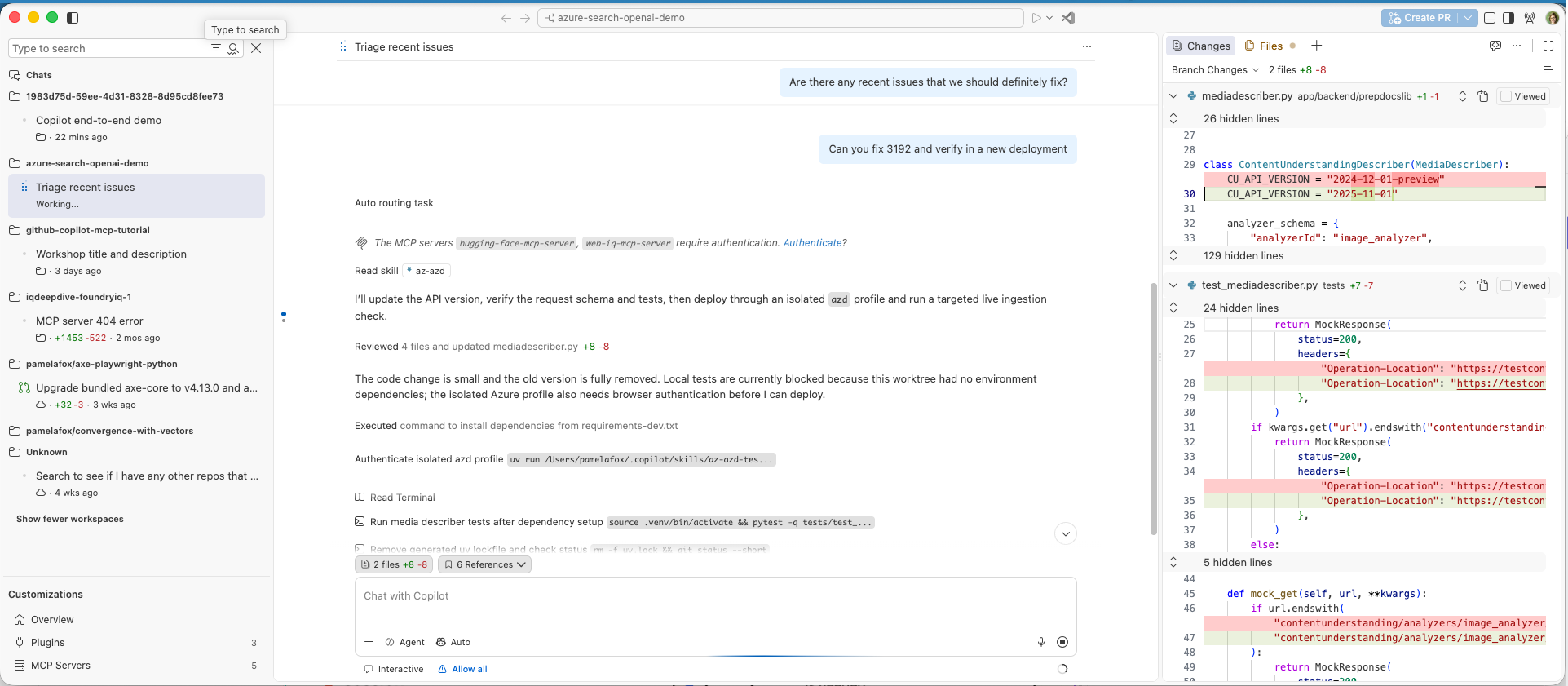 VS Code Agents window showing agent sessions across workspaces, an active conversation, and its code changes