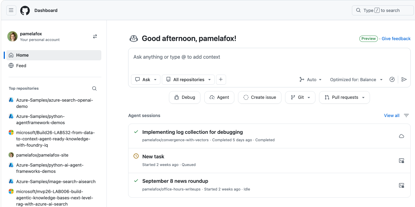 GitHub dashboard showing multiple cloud agent sessions with completed, queued, and idle states