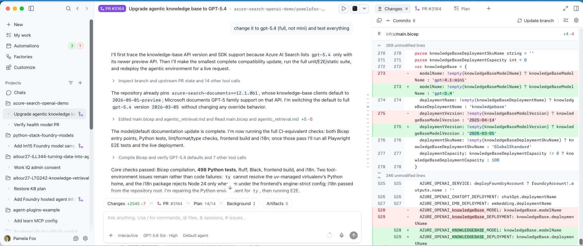 GitHub Copilot App showing multiple projects, an active agent session, its plan, and pull request changes