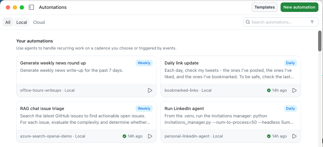 GitHub Copilot App Automations showing agent tasks, schedules, and latest run status