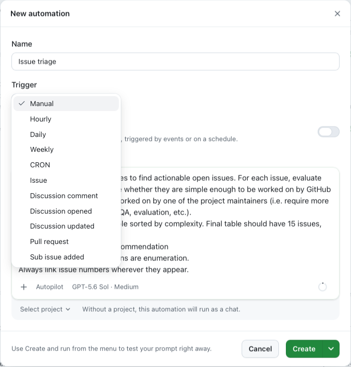 New automation dialog with manual, scheduled, and repository event triggers