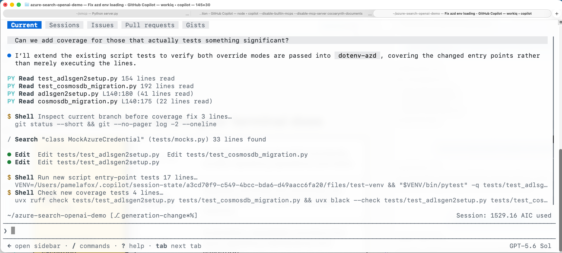 GitHub Copilot CLI working on code and tests in a terminal session