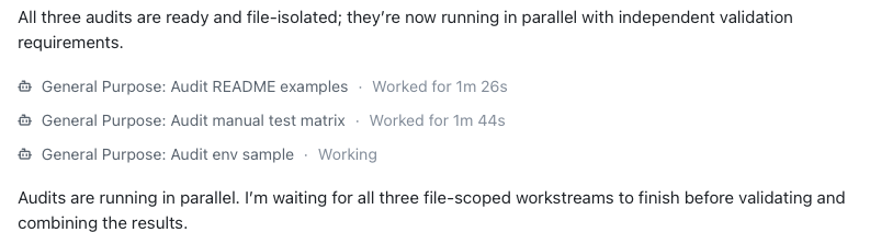 Copilot showing three file-scoped audit subagents running in parallel