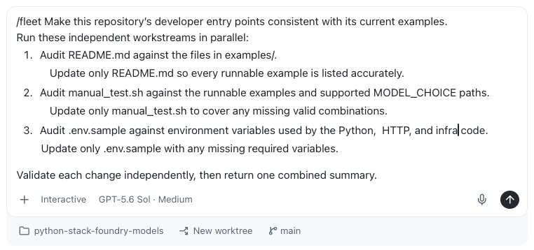 Copilot fleet prompt assigning independent audits of the README, manual test script, and environment sample