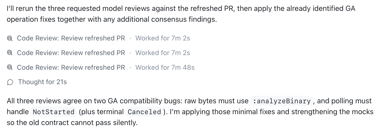 Copilot showing three completed code review subagents followed by a consensus finding