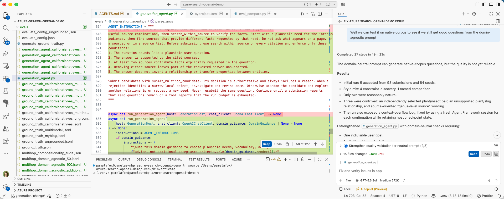 VS Code with source code, GitHub Copilot Chat, and a terminal visible alongside another application
