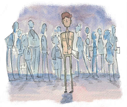 An attendee in a sea of strangers, Illustration by Jake Goldwasser