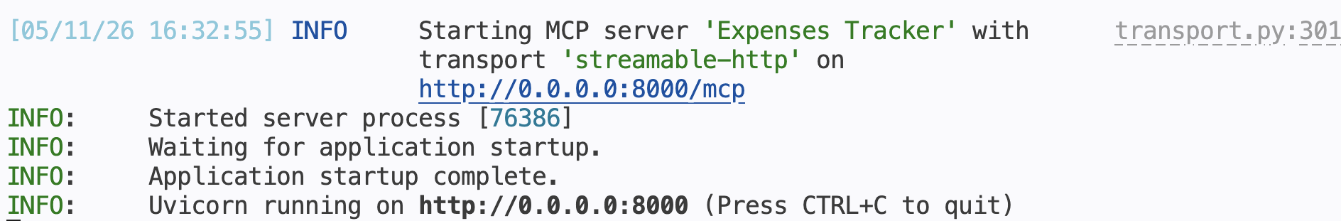 Terminal running the FastMCP server with log output