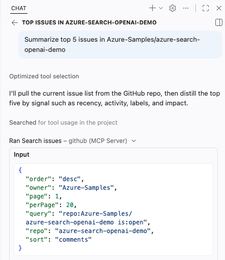GitHub Copilot chat using a GitHub MCP server tool in VS Code
