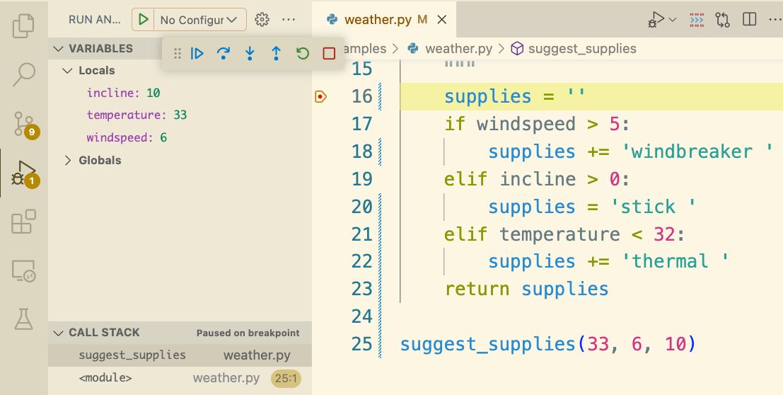 Screenshot of VS Code with debugger enabled for Python file