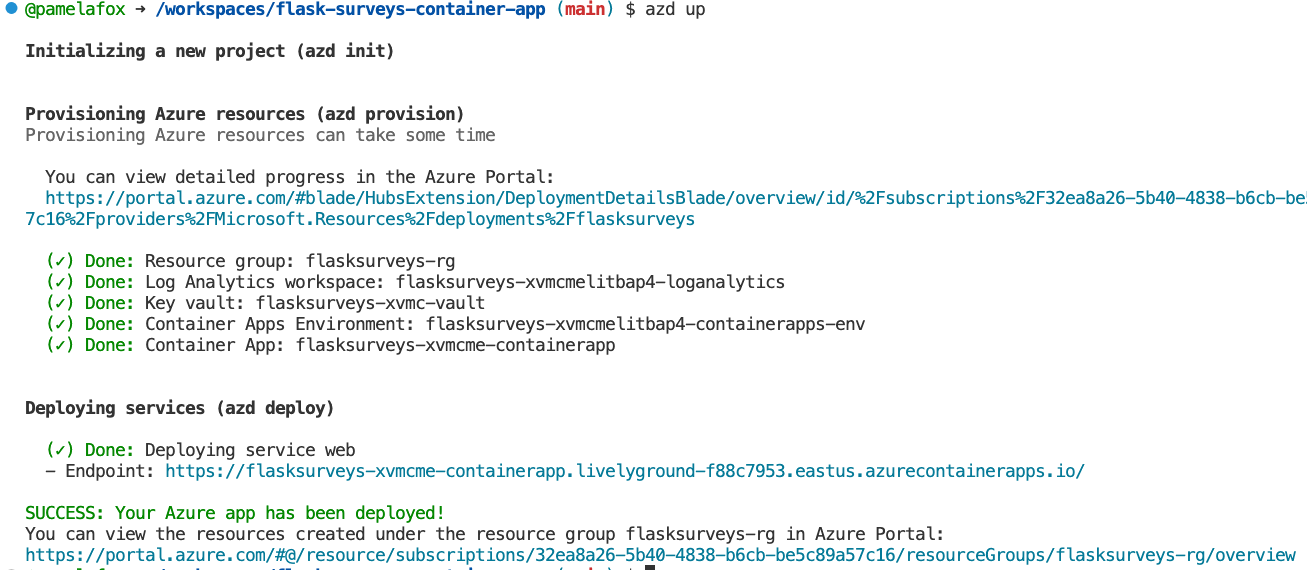 Screenshot of azd up command deploying to Azure Container Apps