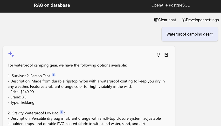 Screenshot of a chatbot answering questions about a PostgreSQL database