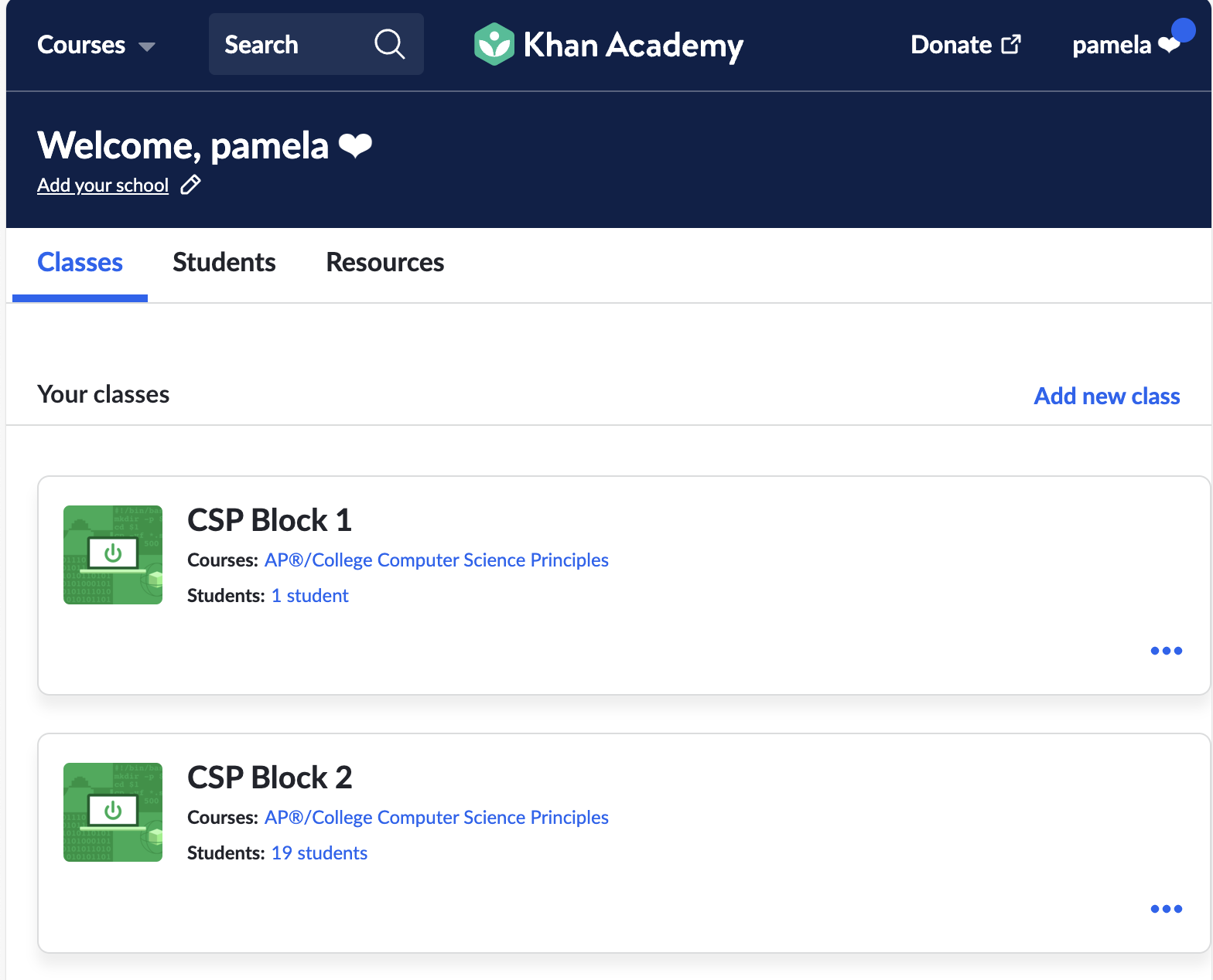 Screenshot of Khan Academy webpage for logged in user with their name and classes