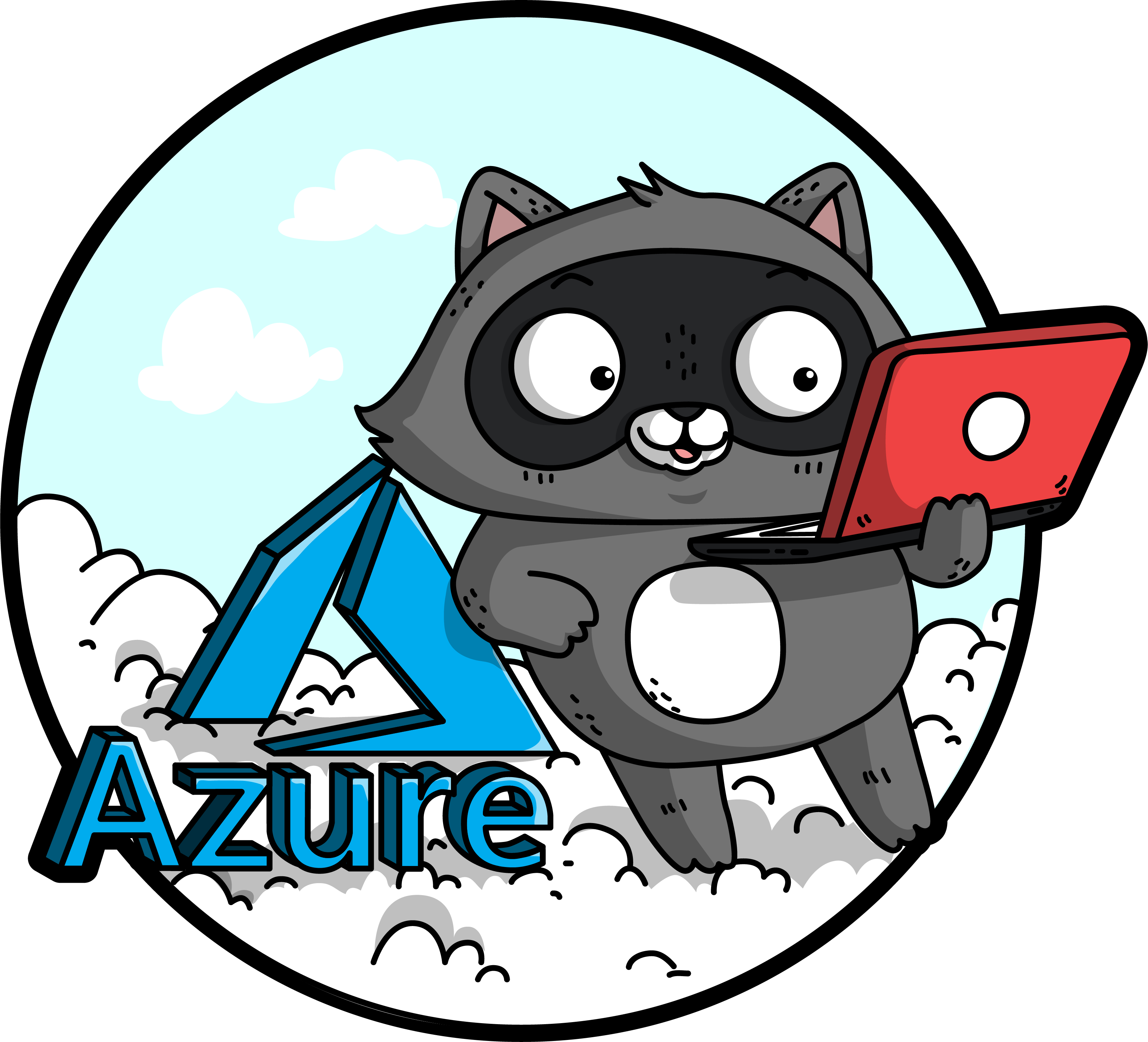 Bit (the raccoon) in the clouds next to Azure logo